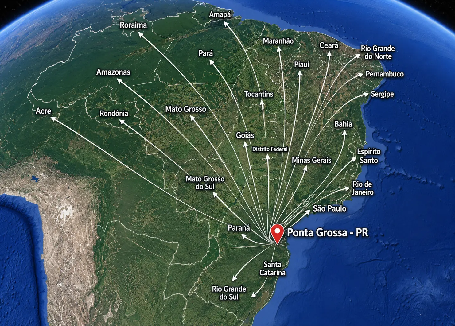 Mapa do Brasil com Ponta Grossa, Paraná, destacada como base de atendimento e setas indicando atendimento online em todo o Brasil